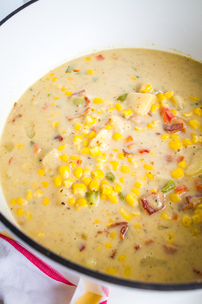 Corn and potato soup with bacon, onions and cheese.