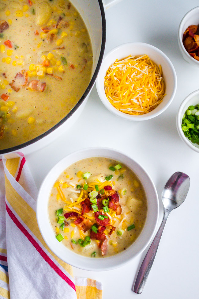 Corn and potato soup with bacon, onions and cheese.