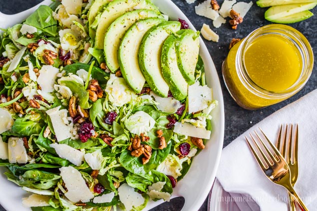 Shredded Brussel Sprouts and Pecan Salad with Avocado