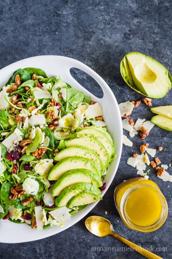 Shredded Brussel Sprouts and Pecan Salad with Avocado