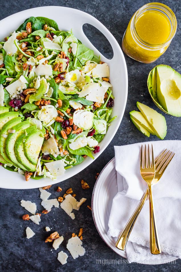 Shredded Brussel Sprouts and Pecan Salad Recipe with Avocado