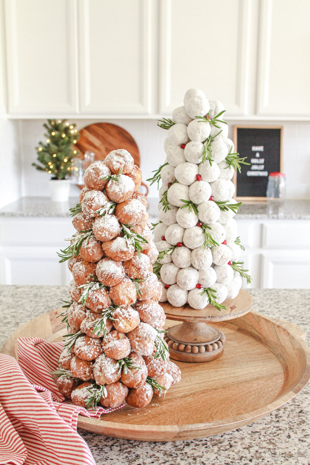 Two Christmas Trees made out of donut holes for breakfast.