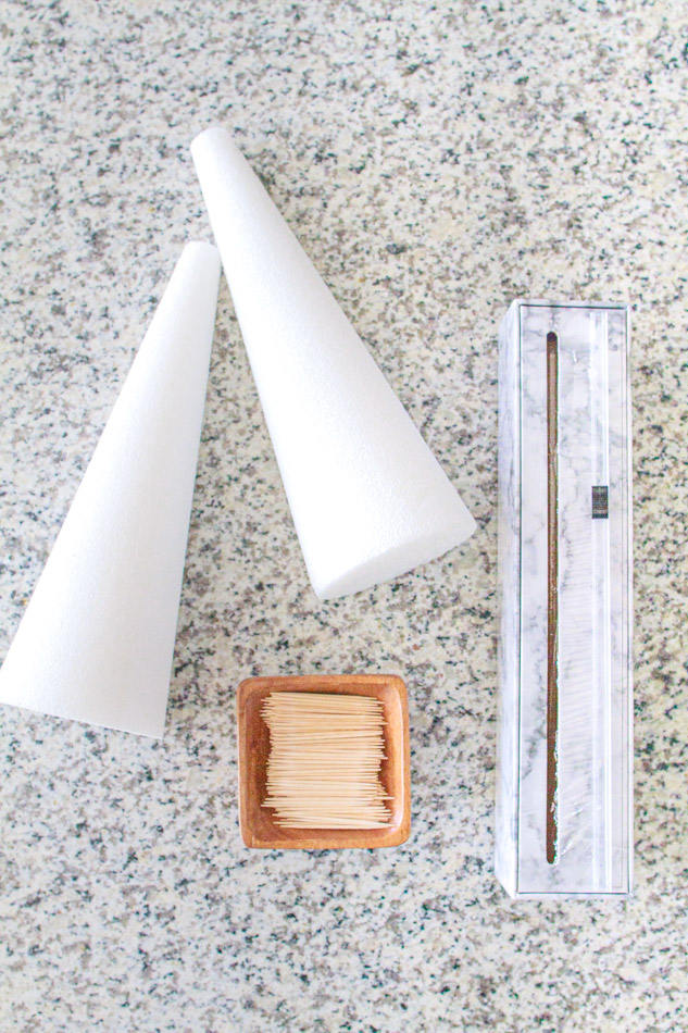 Styrofoam cones with toothpicks and plastic wrap.