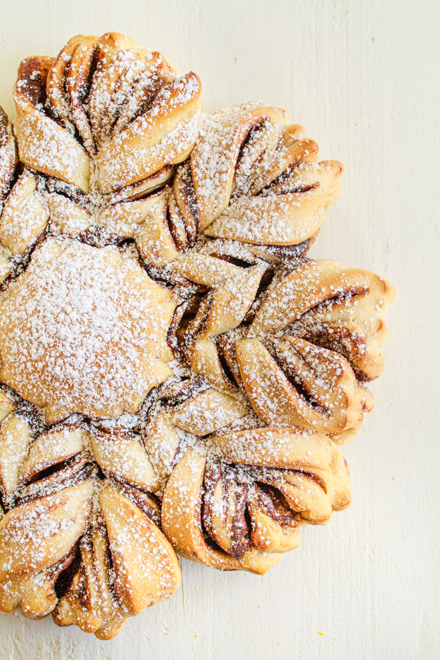 Christmas Chocolate Star Bread dusted with powdered sugar.