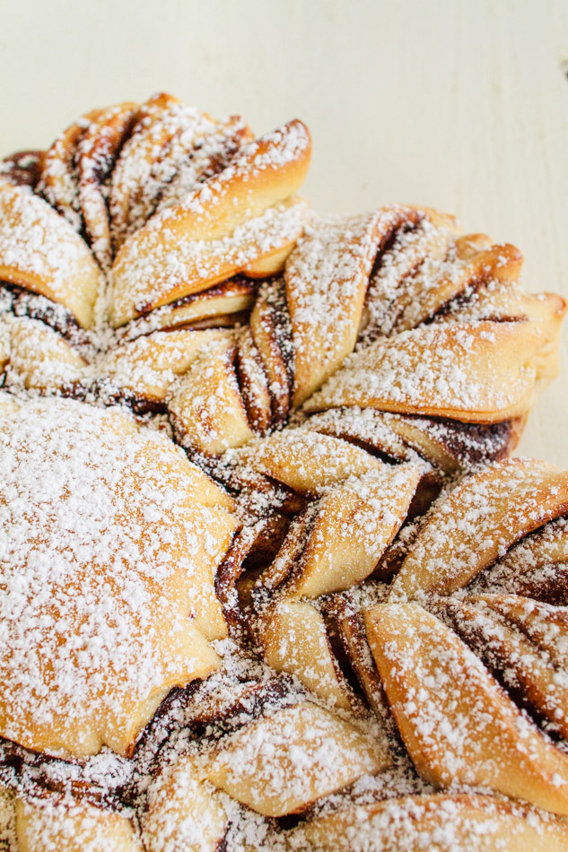 Christmas Star Bread with chocolate and powdered sugar