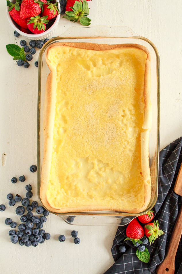 Puffy German Pancake in a clear baking dish.  