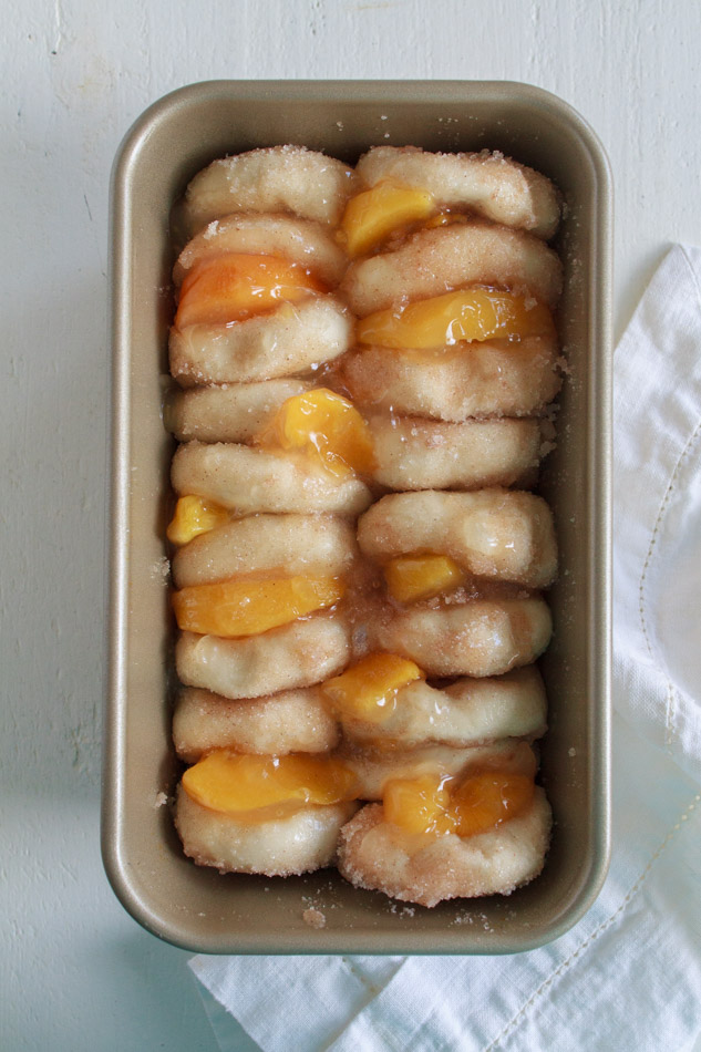 Frozen dinner rolls made into Peaches and Cream Pull Apart Bread