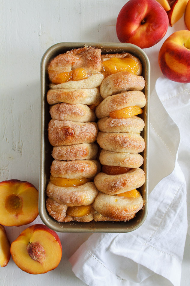 Peaches and Cream Pull Apart Bread  in a loaf pan.