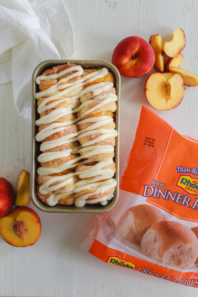 Frozen dinner rolls made into Peaches and Cream Pull Apart Bread