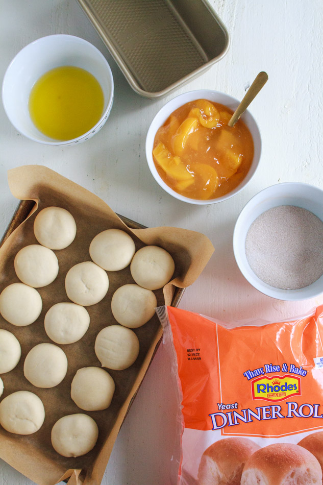 Frozen dinner rolls made into Peaches and Cream Pull Apart Bread